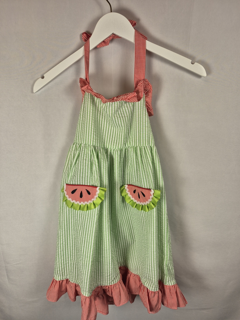 Sugar Dumplin Girls' Green Watermelon Halter Dress 100% Cotton Size 7
